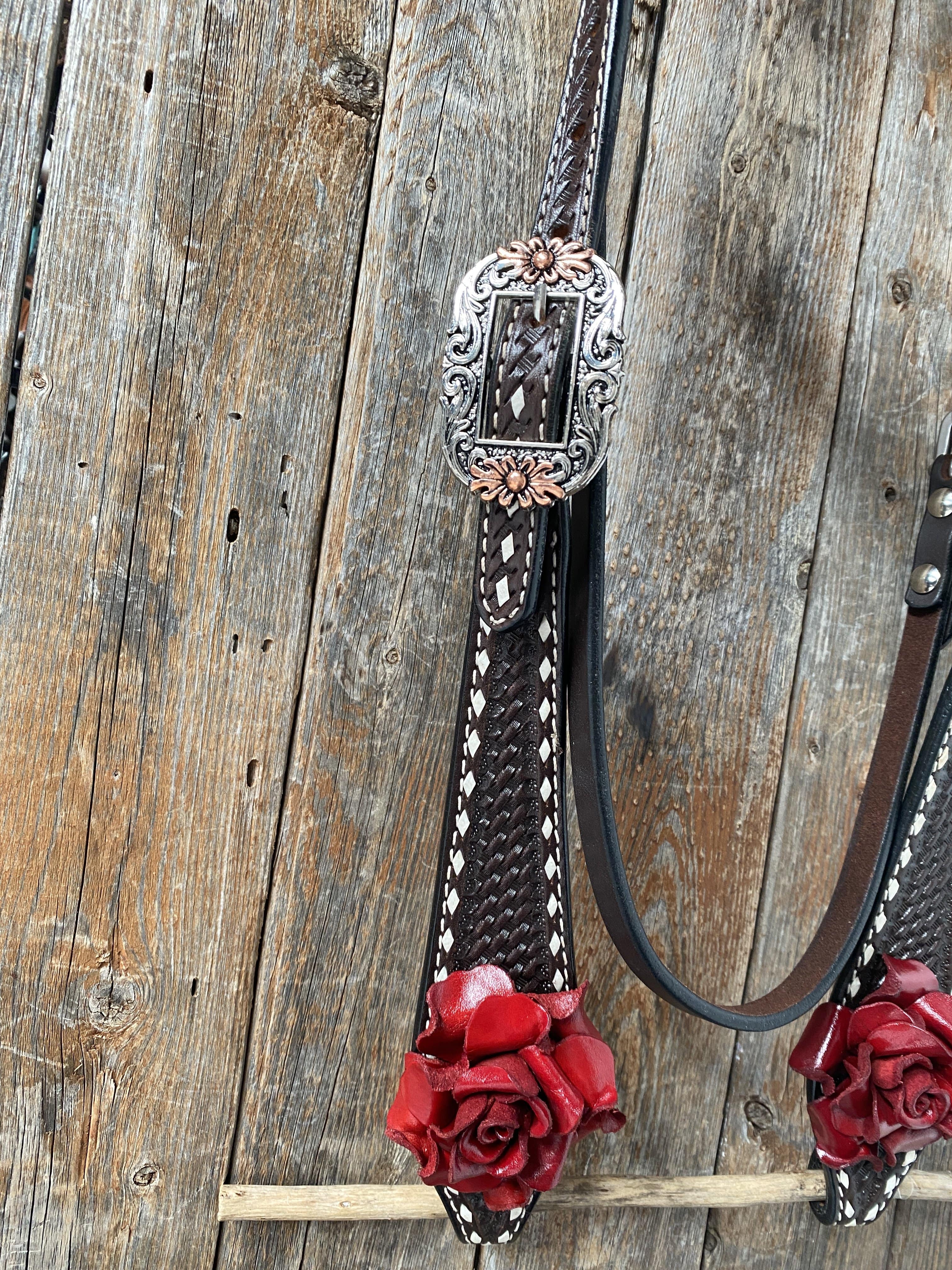Designer Tack Dark Oil Buckstitch -Red Rose Browband Headstall & Breastcollar Tack Set #BBBC304