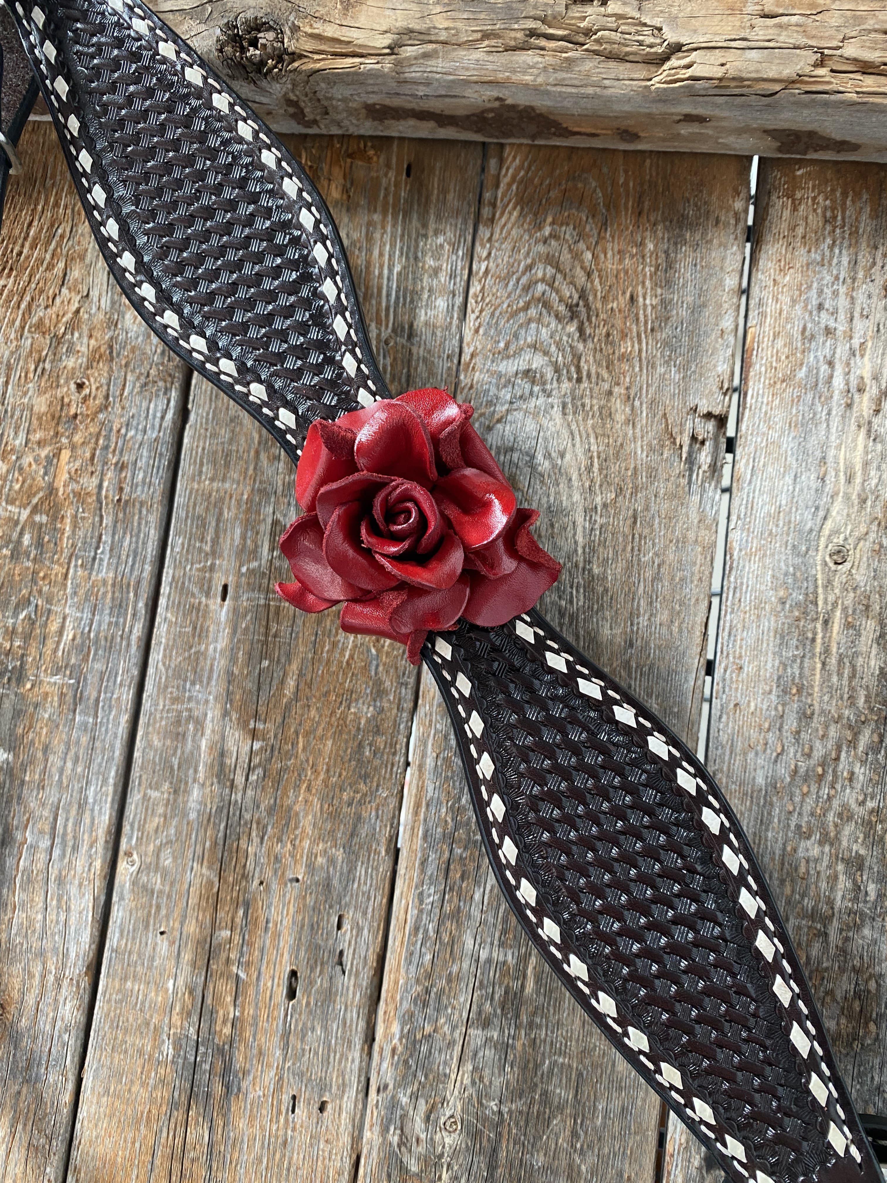 Designer Tack Dark Oil Buckstitch -Red Rose Browband Headstall & Breastcollar Tack Set #BBBC304