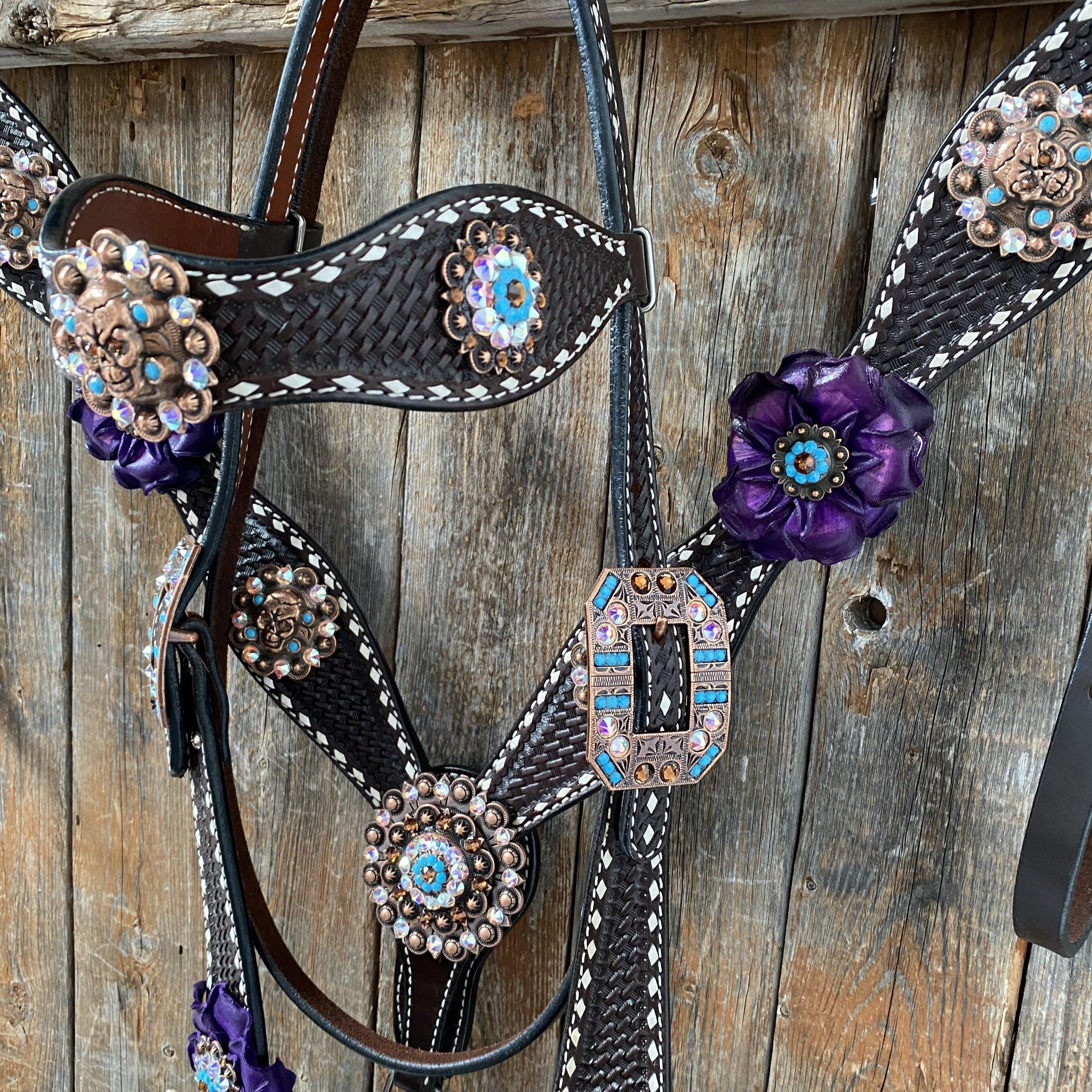 Designer Tack Dark Oil Purple Skull Browband - Breastcollar - Witherstrap Set