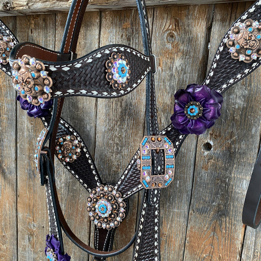 Designer Tack Dark Oil Purple Skull Browband - Breastcollar - Witherstrap Set