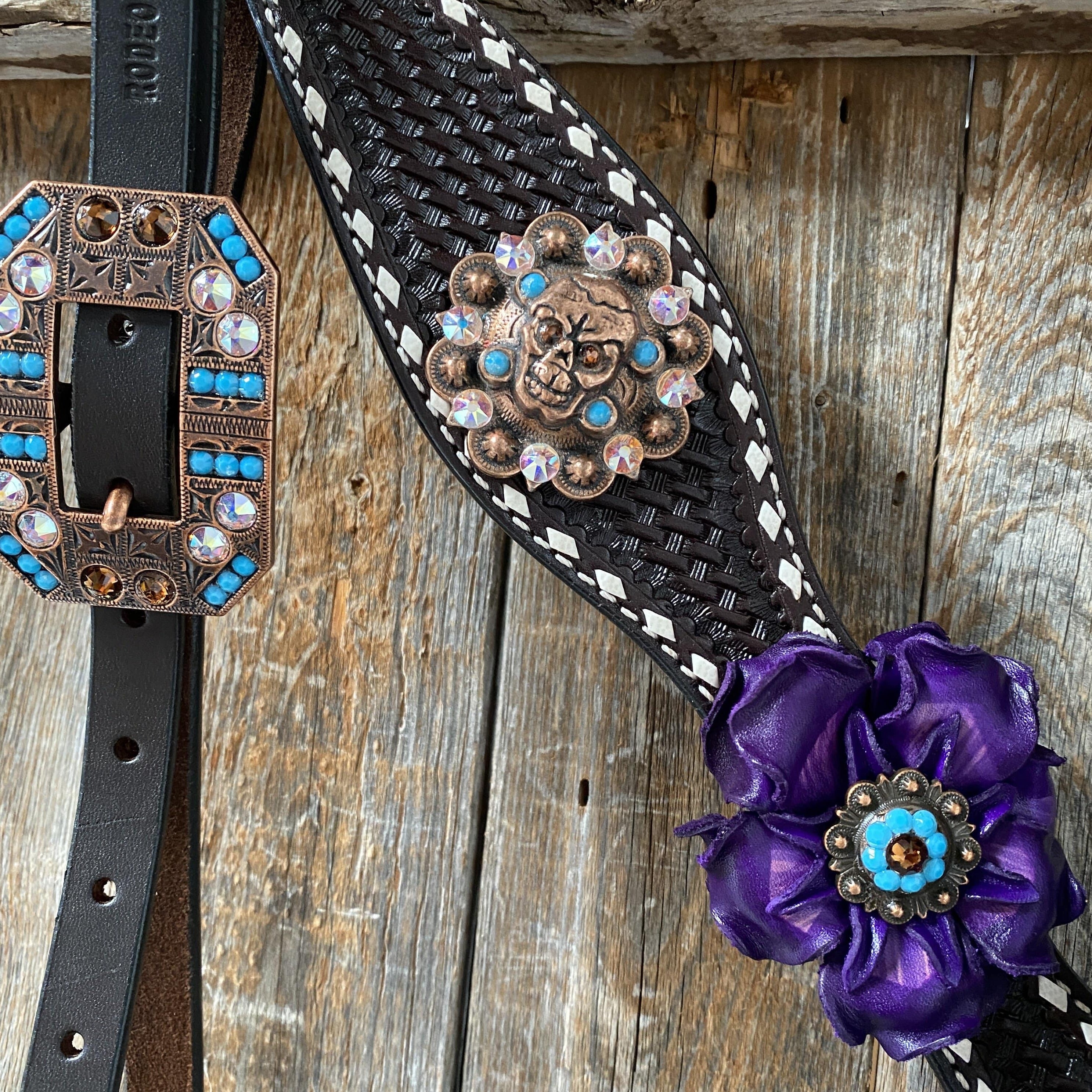 Designer Tack Dark Oil Purple Skull Browband - Breastcollar - Witherstrap Set