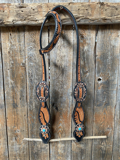 Two Tone Leaf Floral Turquoise One Ear & Breastcollar Tack Set #OEBC430 - RODEO DRIVE