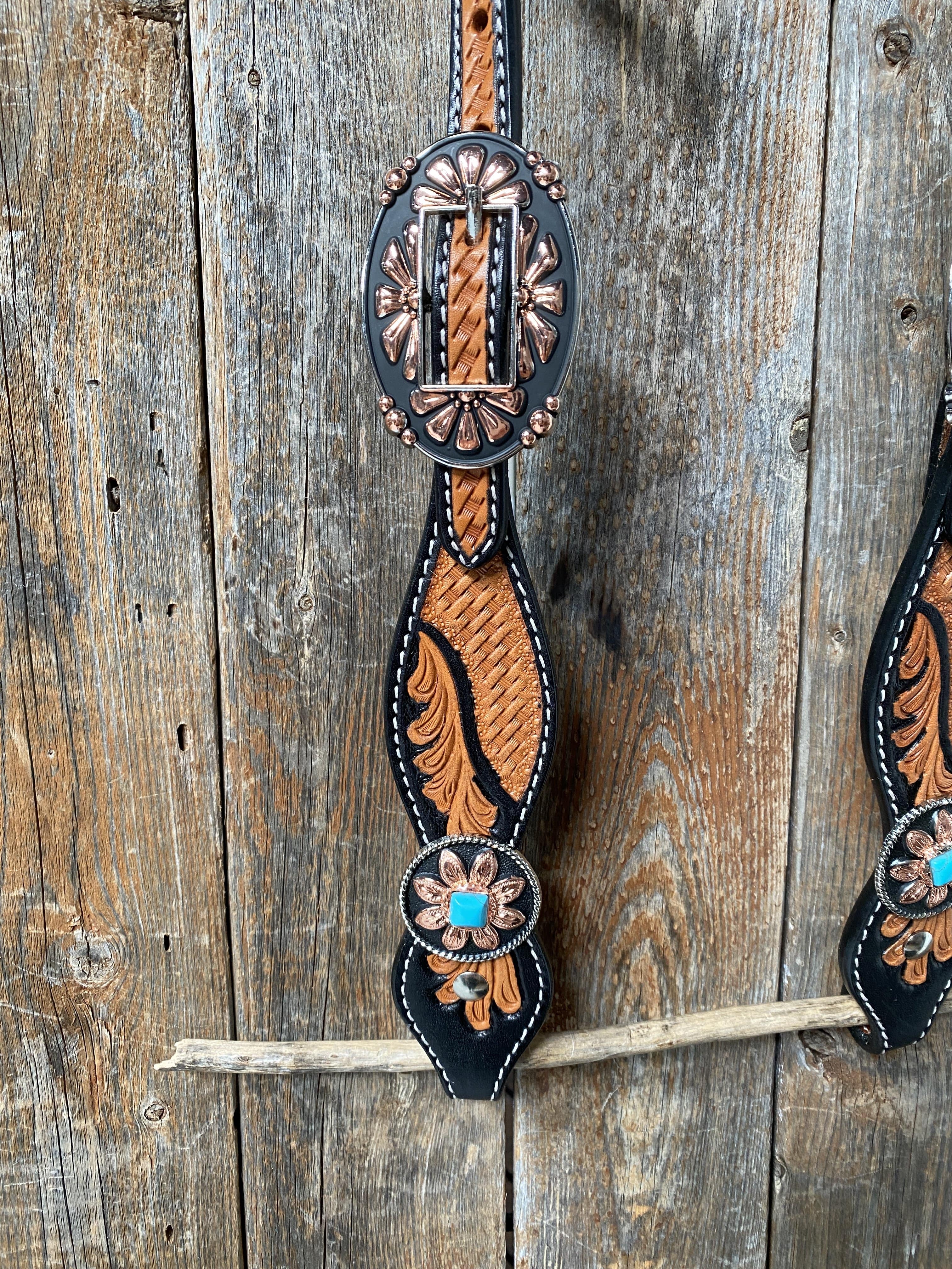 Two Tone Leaf Floral Turquoise One Ear & Breastcollar Tack Set #OEBC430 - RODEO DRIVE