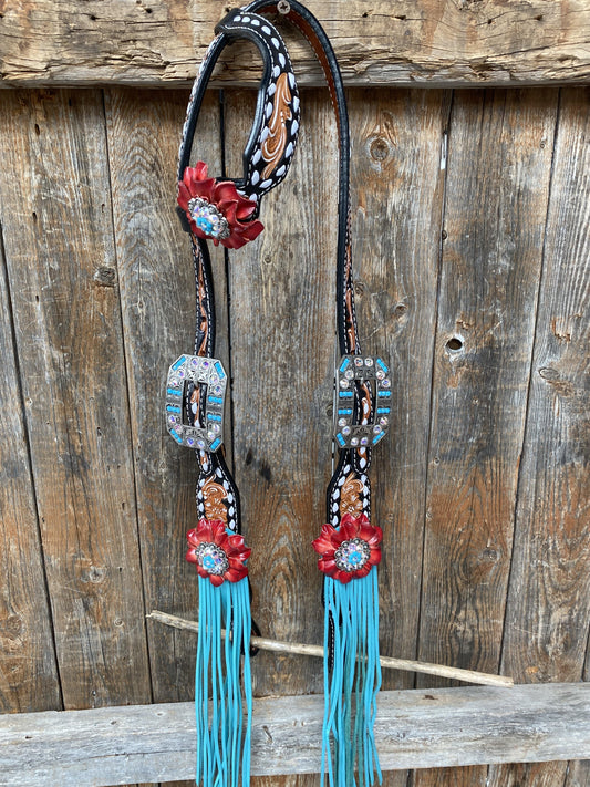 Designer Tack One Ear Only Buckstitch One Ear Headstall & Breastcollar Set -Red Flowers #OEBC414 OE414