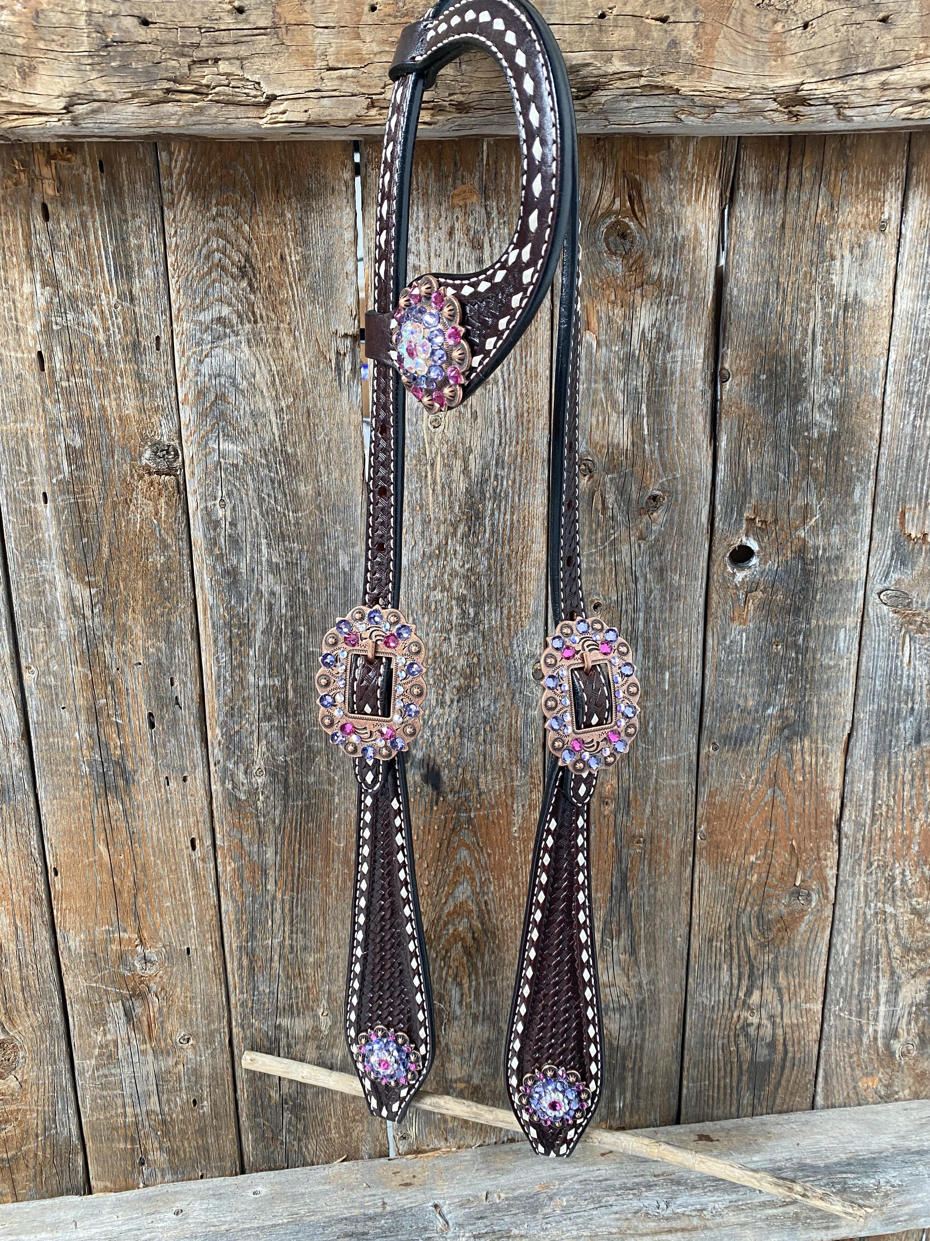 Designer Tack One Ear Only Dark Oil Buckstitch One Ear Headstall & Breastcollar - Pink #OEBC415 OE415