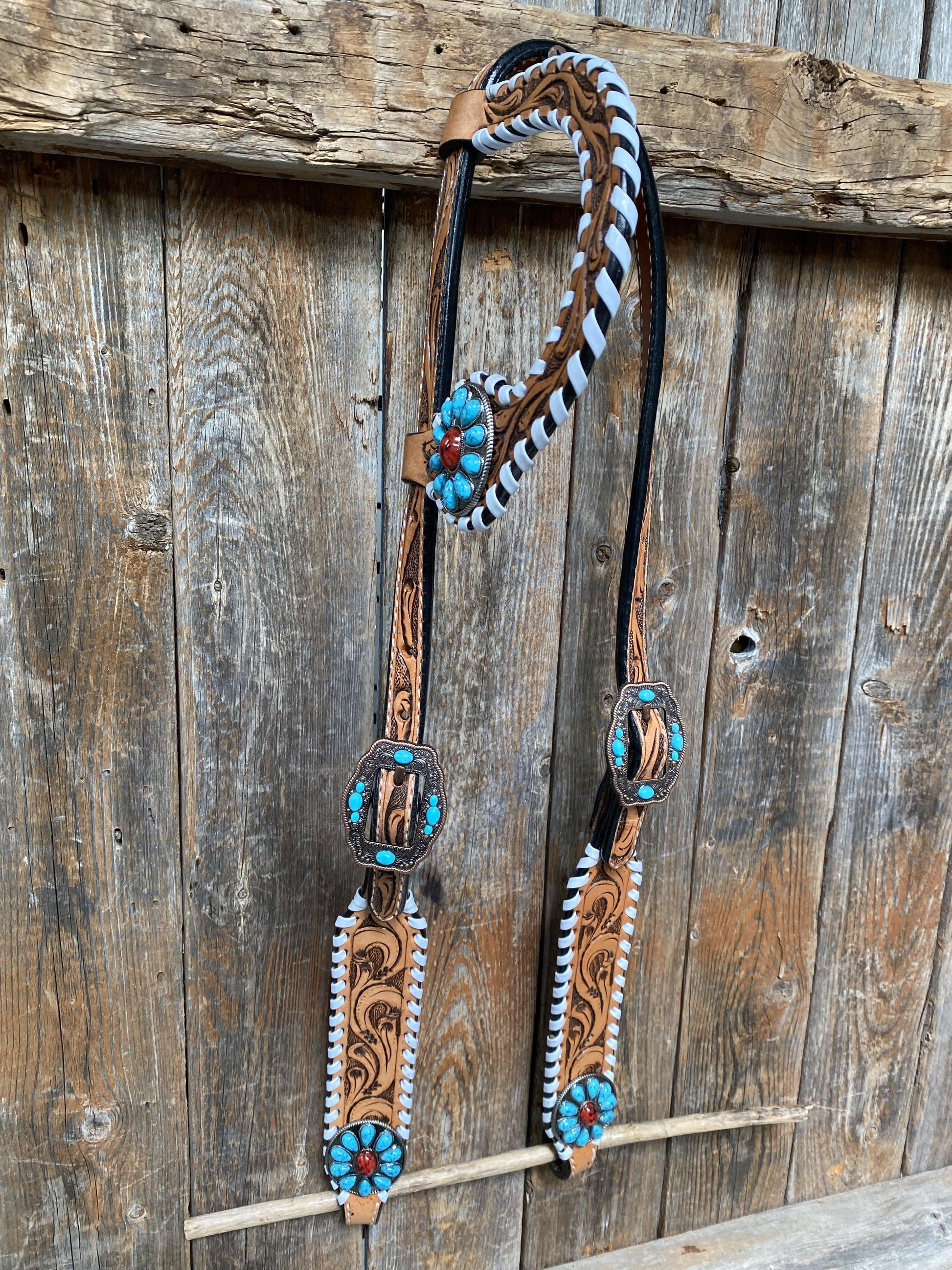 Designer Tack One Ear Only Whipstitch Garnet & Turquoise  Browband / One Ear Tack Set #BBBC418 OE418