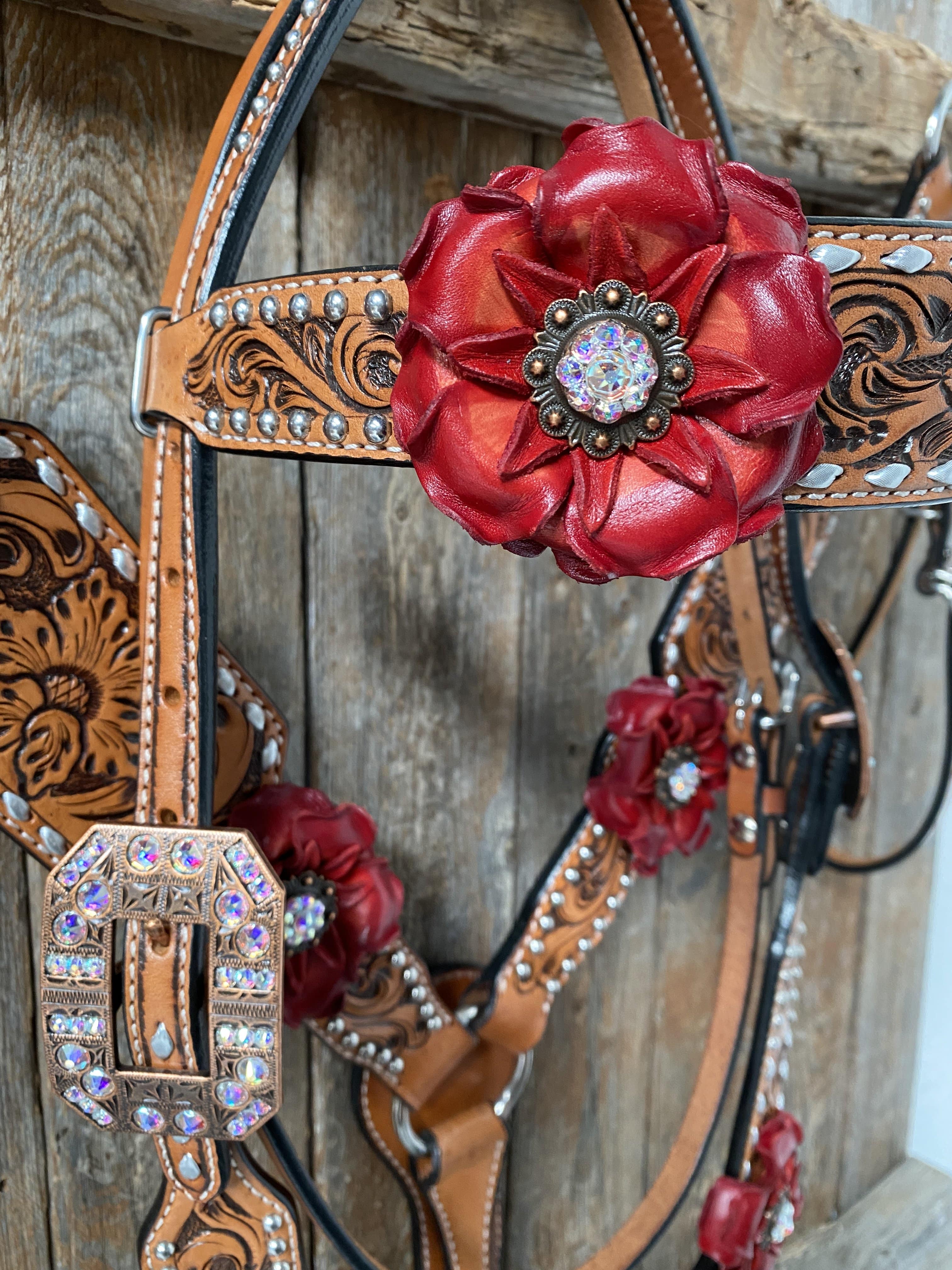 Designer Tack Silver Buckstitch Flower Browband Headstall & Breastcollar Set #BBBC298 BBBC298