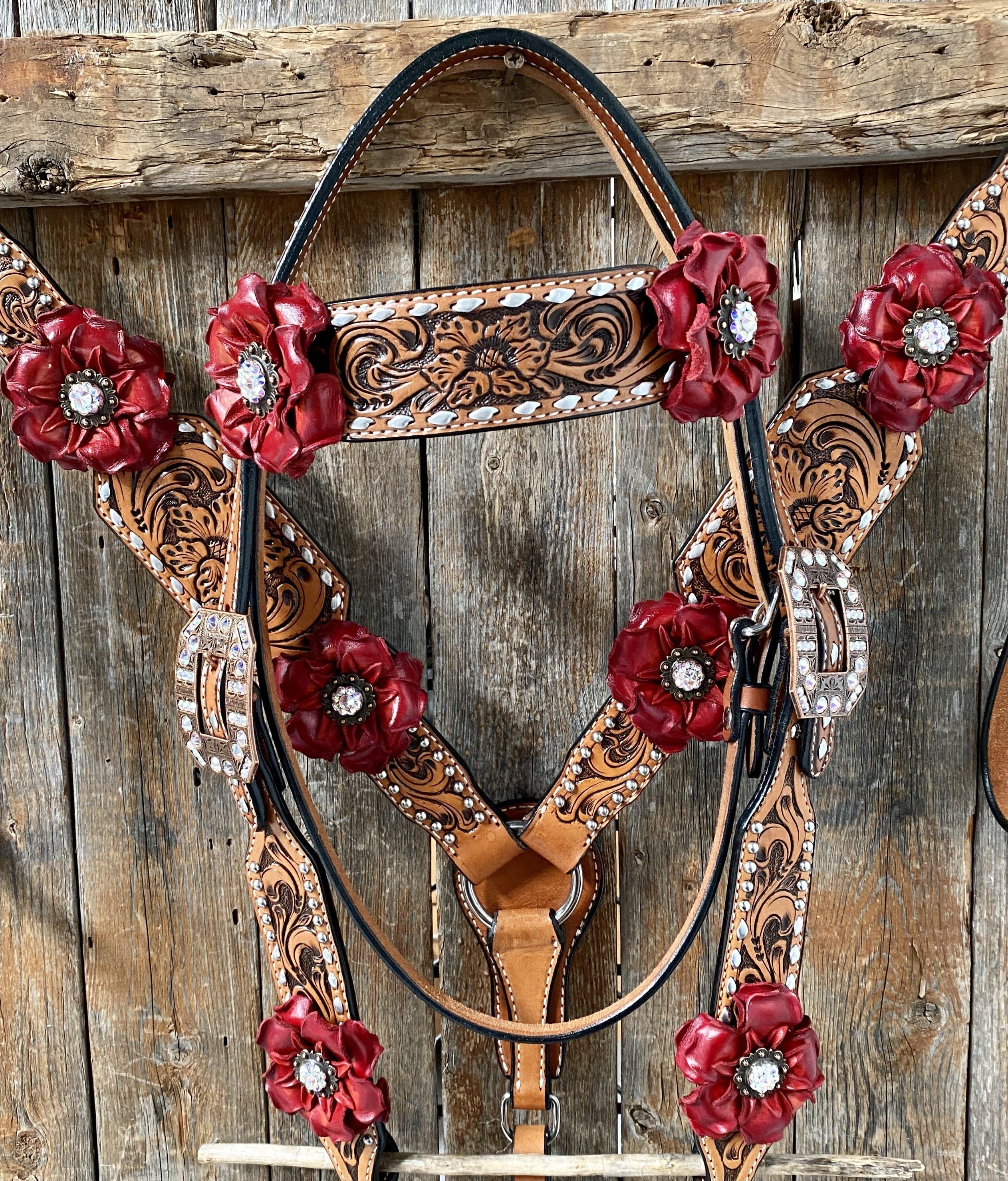 Designer Tack Silver Buckstitch Flower Browband Headstall & Breastcollar Set #BBBC298 BBBC298