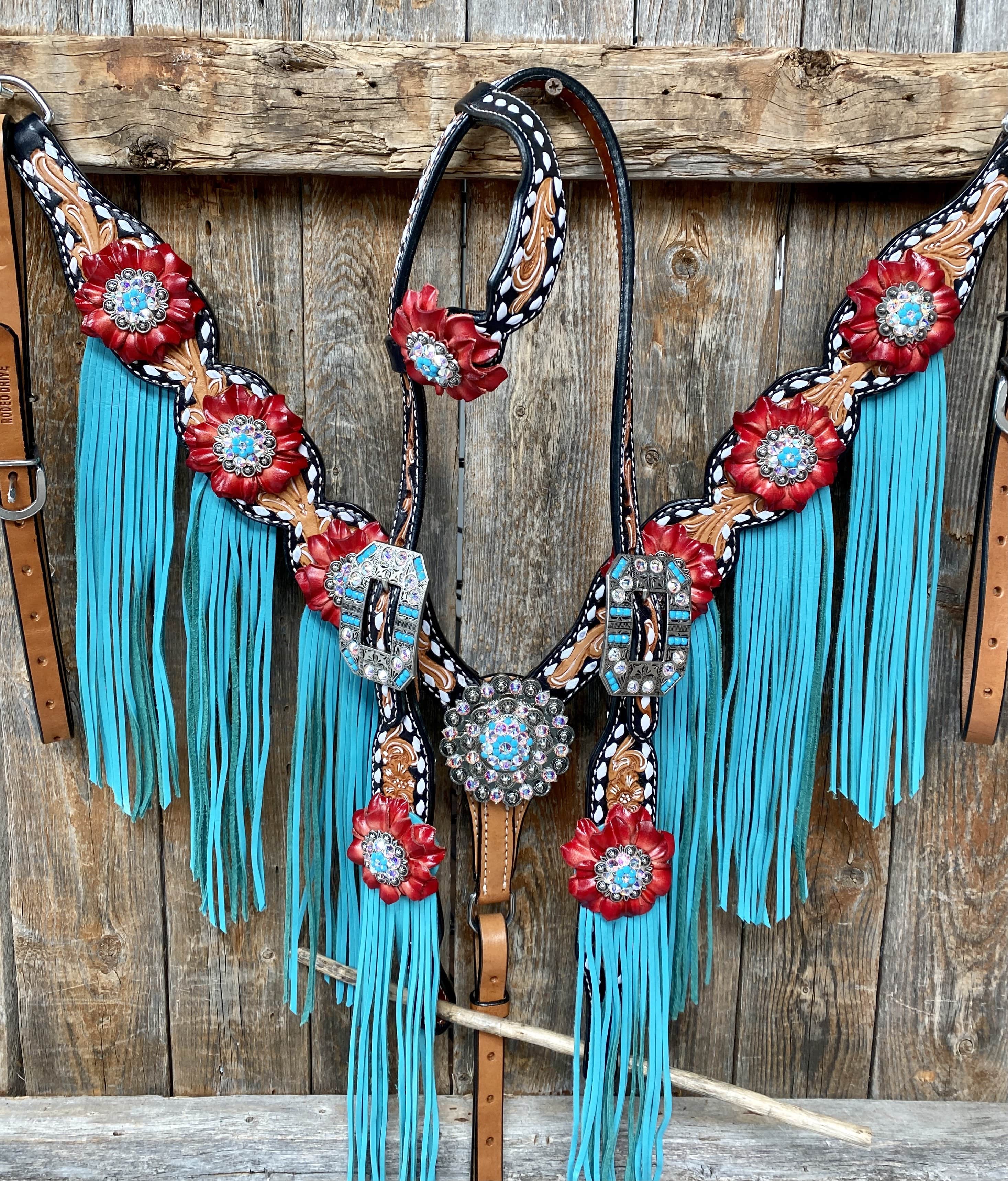 Designer Tack Tack Set Buckstitch One Ear Headstall & Breastcollar Set -Red Flowers #OEBC414 OEBC414