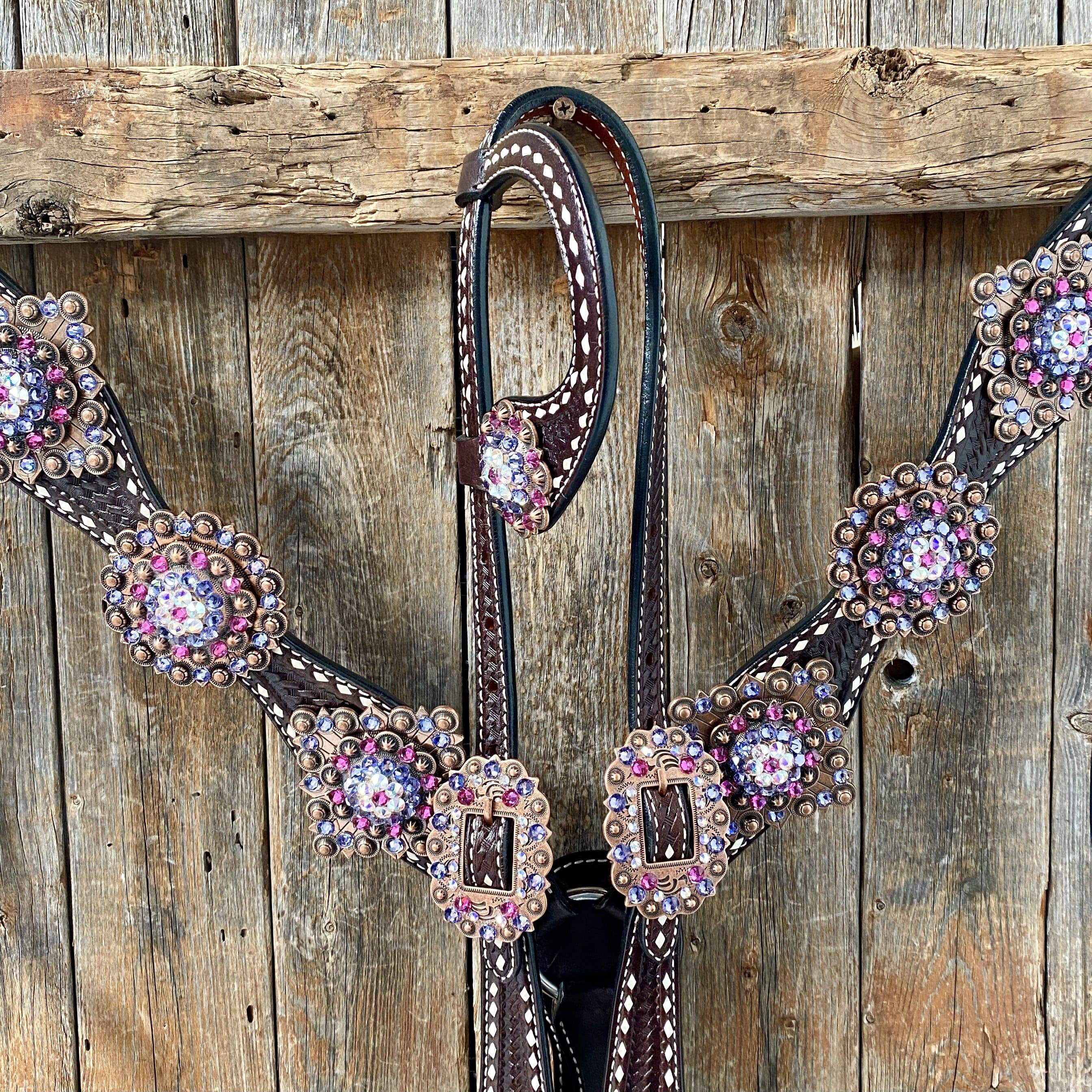 Designer Tack Tack Set Dark Oil Buckstitch One Ear Headstall & Breastcollar - Pink #OEBC415 OEBC415
