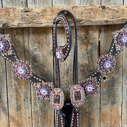 Designer Tack Tack Set Dark Oil Buckstitch One Ear Headstall & Breastcollar - Pink #OEBC415 OEBC415