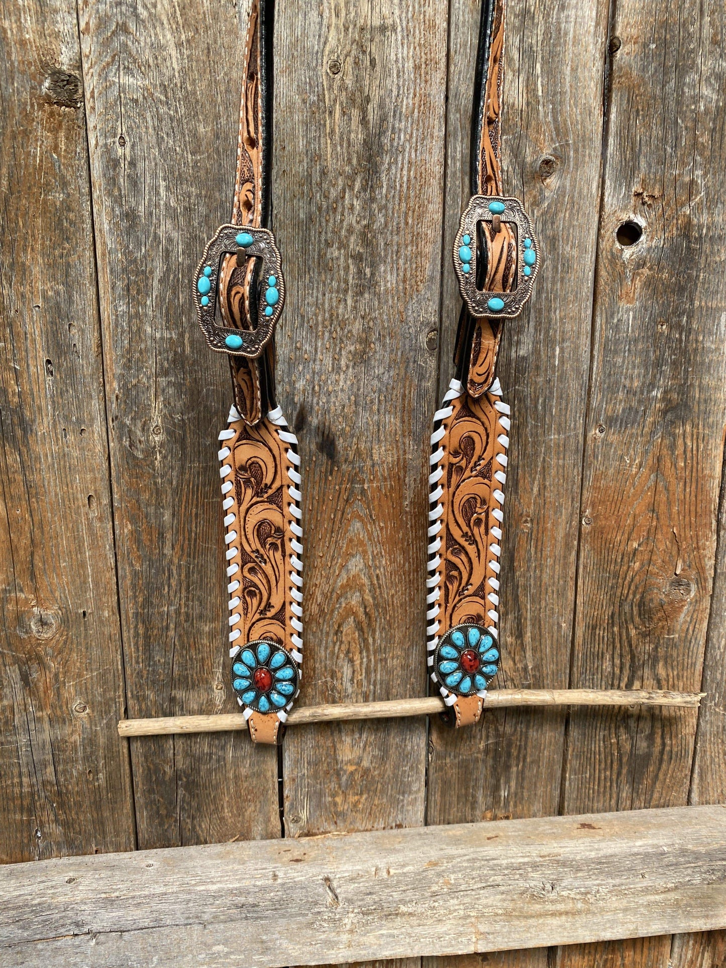 Designer Tack Whipstitch Garnet & Turquoise  Browband / One Ear Tack Set #BBBC418
