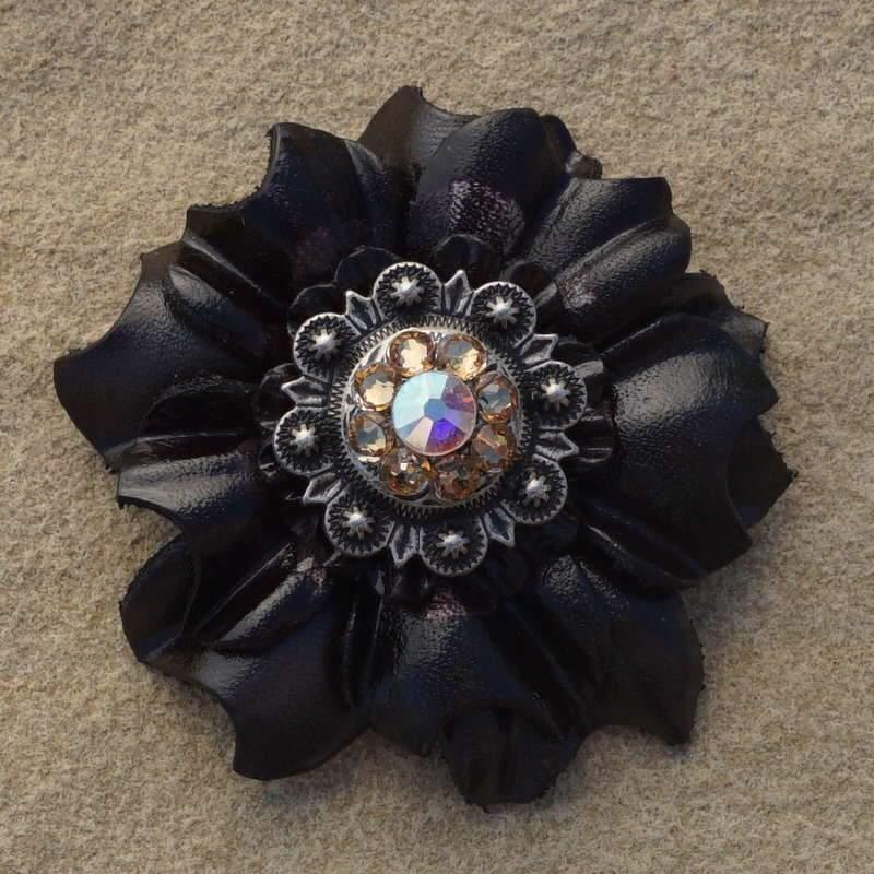 Flowers Fringe & More Black Carnation Flower With Antique Silver Champagne & AB 1" Concho FL3BKASCHAB