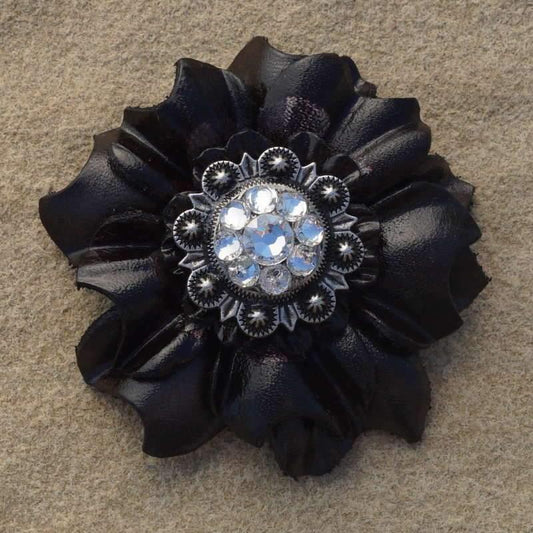 Flowers Fringe & More Black Carnation Flower With Antique Silver Clear 1" Concho FL3BKASCL