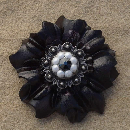 Flowers Fringe & More Black Carnation Flower With Antique Silver Pearl & Jet 1" Concho FL3BKASJTPR