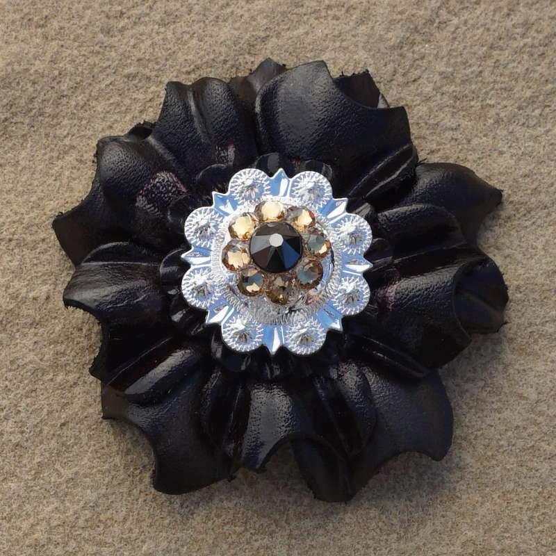 Flowers Fringe & More Black Carnation Flower With Bright Silver Jet & Champagne 1" Concho FL3BKBSJTCH