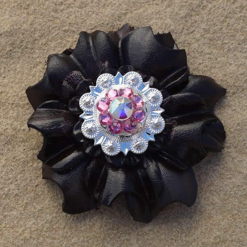 Flowers Fringe & More Black Carnation Flower With Bright Silver Pink & AB 1" Concho FL3BKBSPIAB