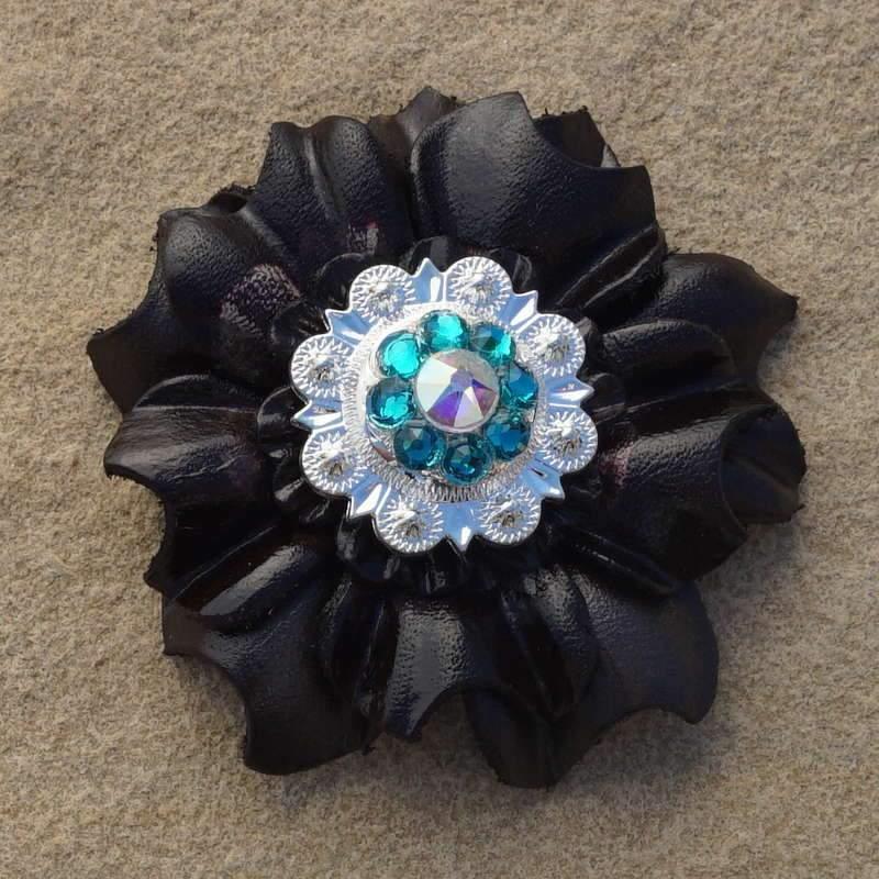 Flowers Fringe & More Black Carnation Flower With Bright Silver Teal & AB 1" Concho FL3BKBSTLAB