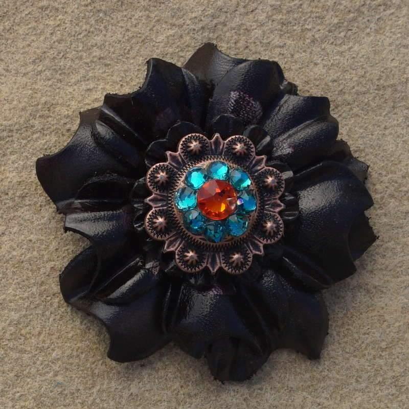 Flowers Fringe & More Black Carnation Flower With Copper Fire Opal & Teal 1" Concho FL3BKCOFOTL