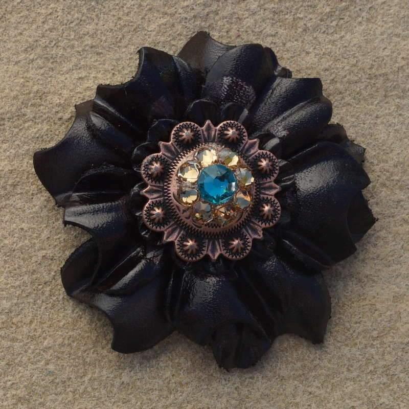 Flowers Fringe & More Black Carnation Flower With Copper Teal & Champagne 1" Concho FL3BKCOTLCH