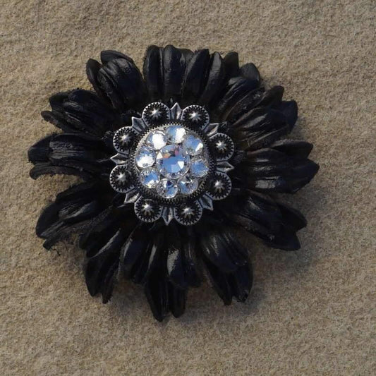 Flowers Fringe & More Black Daisy Flower With Antique Silver Clear 1" Concho FL5BKASCL