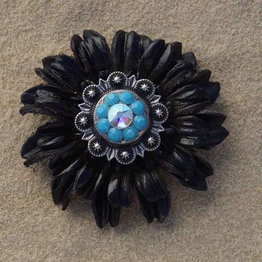 Flowers Fringe & More Black Daisy Flower With Antique Silver Turquoise & AB 1" Concho FL5BKASTQAB