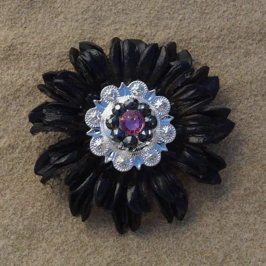 Flowers Fringe & More Black Daisy Flower With Bright Silver Pink & Jet 1" Concho FL5BKBSJTPI