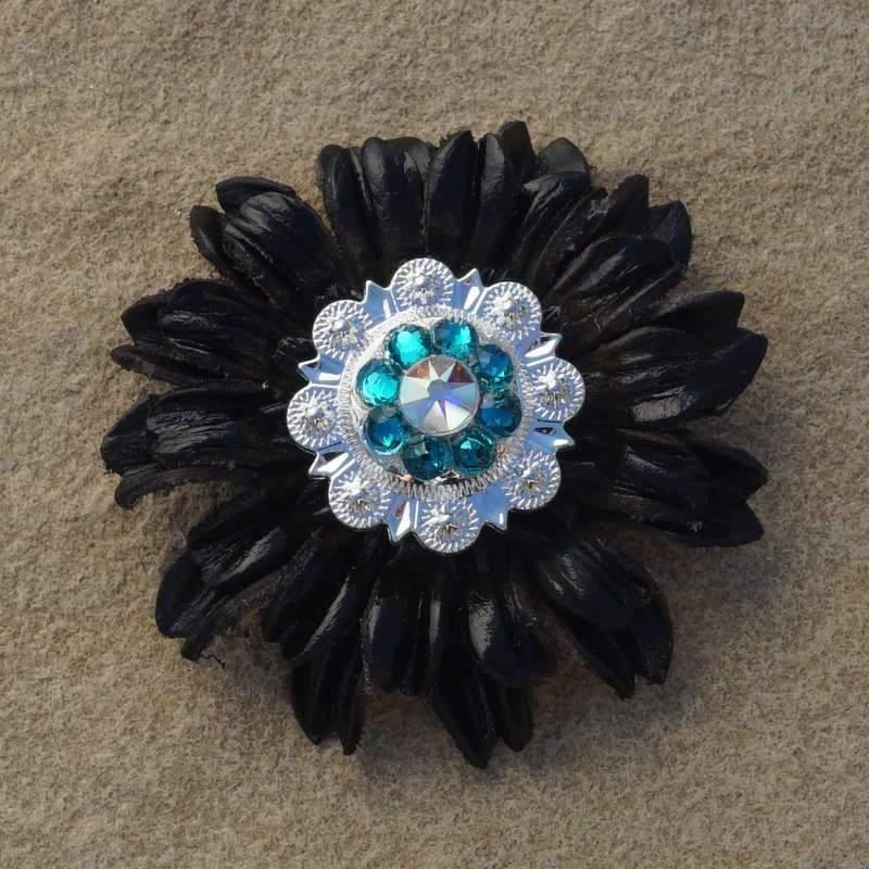 Flowers Fringe & More Black Daisy Flower With Bright Silver Teal & AB 1" Concho FL5BKBSTLAB