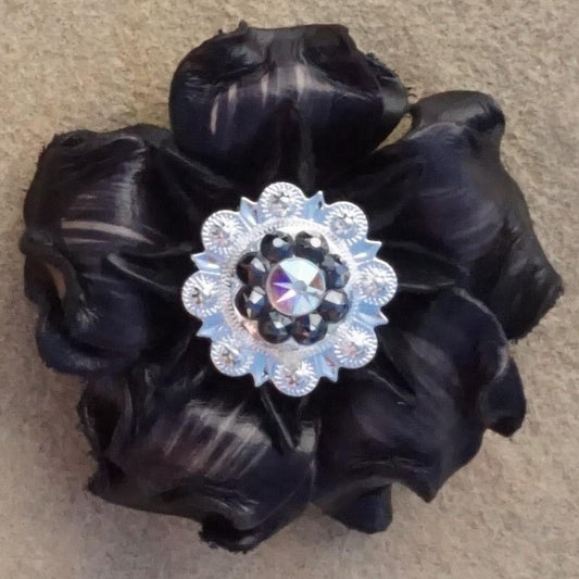 Flowers Fringe & More Black Gardenia Flower With Bright Silver Jet & AB 1" Concho FL2BKBSJTAB