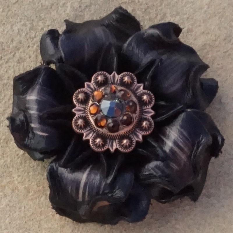 Flowers Fringe & More Black Gardenia Flower With Copper Black & Topaz 1" Concho FL2BKCOJTTO