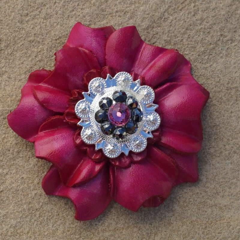Flowers Fringe & More Hot Pink Carnation Flower With Bright Silver Pink & Jet 1" Concho FL3FUBSPIJT