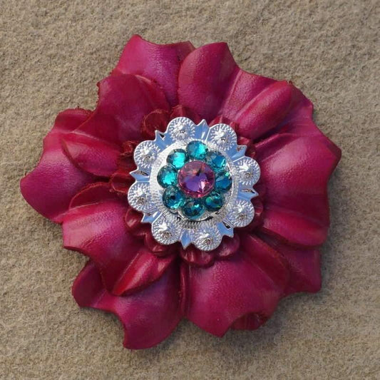 Flowers Fringe & More Hot Pink Carnation Flower With Bright Silver Pink & Teal 1" Concho FL3FUBSPITL