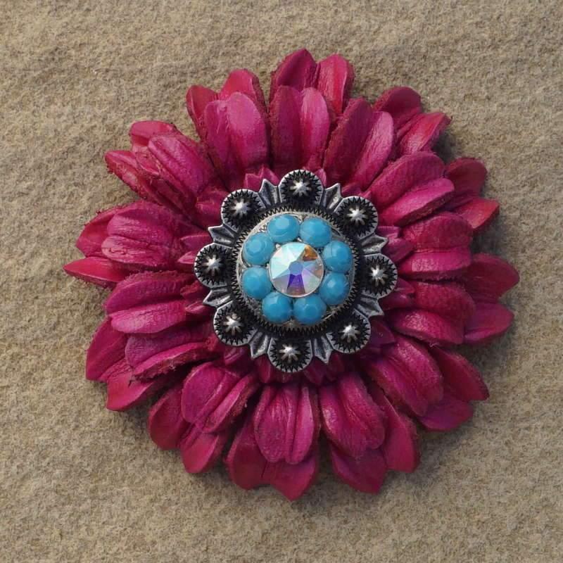 Flowers Fringe & More Hot Pink Daisy Flower With Antique Silver Turquoise & AB 1" Concho FL5PIASTQAB