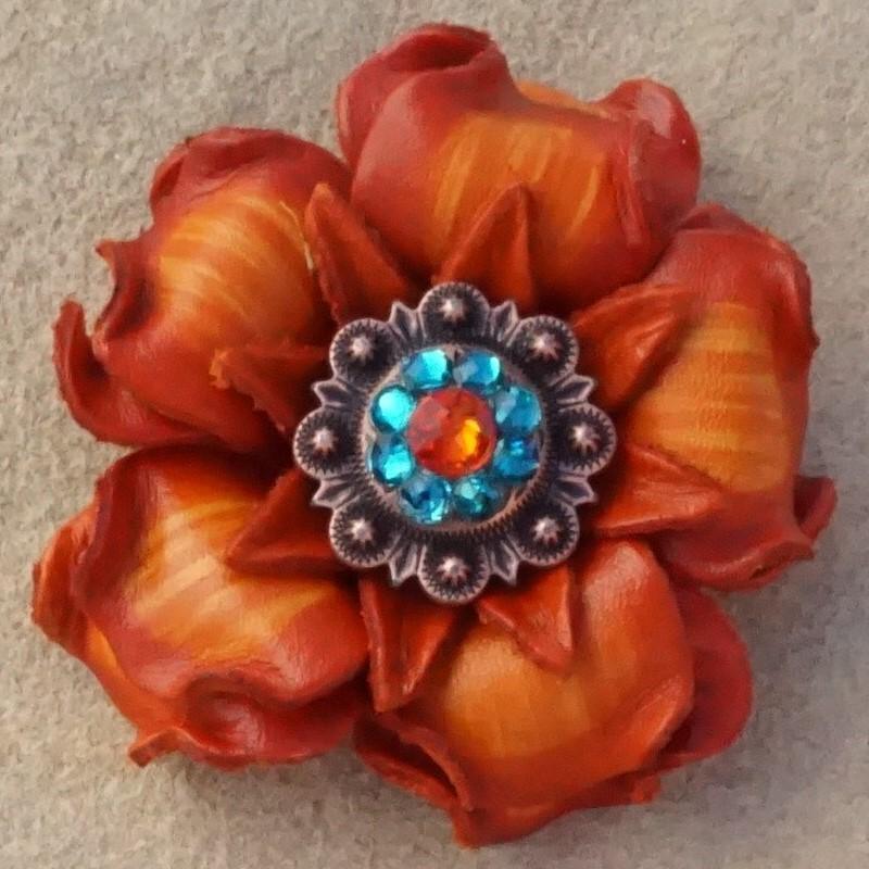 Flowers Fringe & More Orange Gardenia Flower With Copper Fire Opal & Teal 1" Concho FL2ORCOFOTL