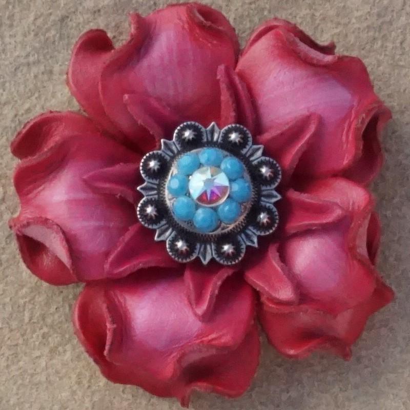 Flowers Fringe & More Pink Gardenia Flower With Antique Silver Turquoise & AB 1" Concho FL2PIASTQAB