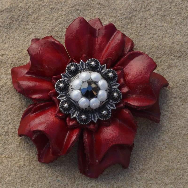 Flowers Fringe & More Red Carnation Flower With Antique Silver Jet & Pearl 1" Concho FL3RDASJTPR