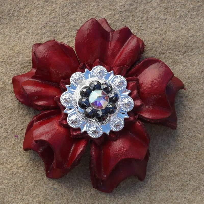 Flowers Fringe & More Red Carnation Flower With Bright Silver Jet & AB 1" Concho FL3RDBSJTAB