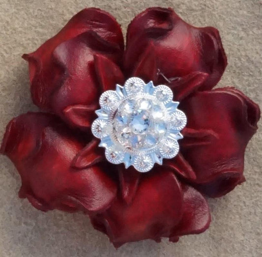 Flowers Fringe & More Red Gardenia Flower With Bright Silver Clear 1" Concho FL2RDBSCL