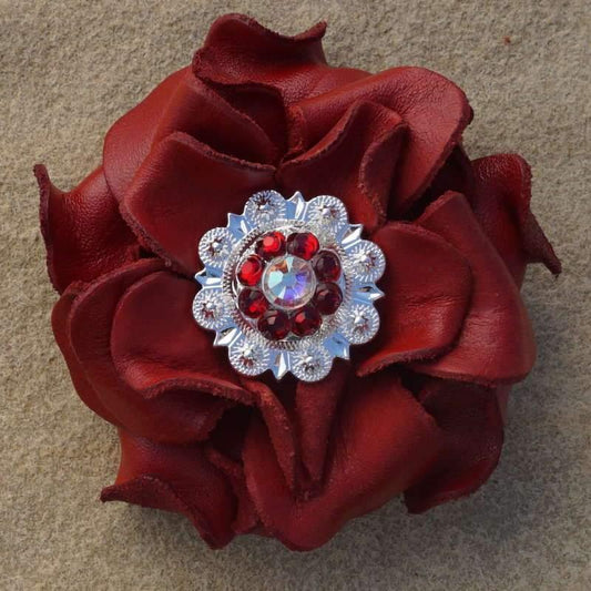 Flowers Fringe & More Red Rose Flower With Bright Silver Red & AB 1" Concho FL1RDBSRUAB