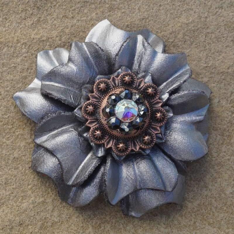 Flowers Fringe & More Silver Carnation Flower With Copper Jet & AB 1" Concho FL3SICOJTAB