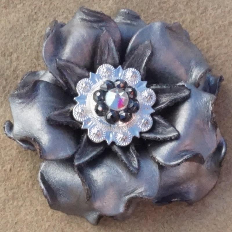 Flowers Fringe & More Silver Gardenia Flower With Bright Silver Jet & AB 1" Concho FL2SILBSJTAB