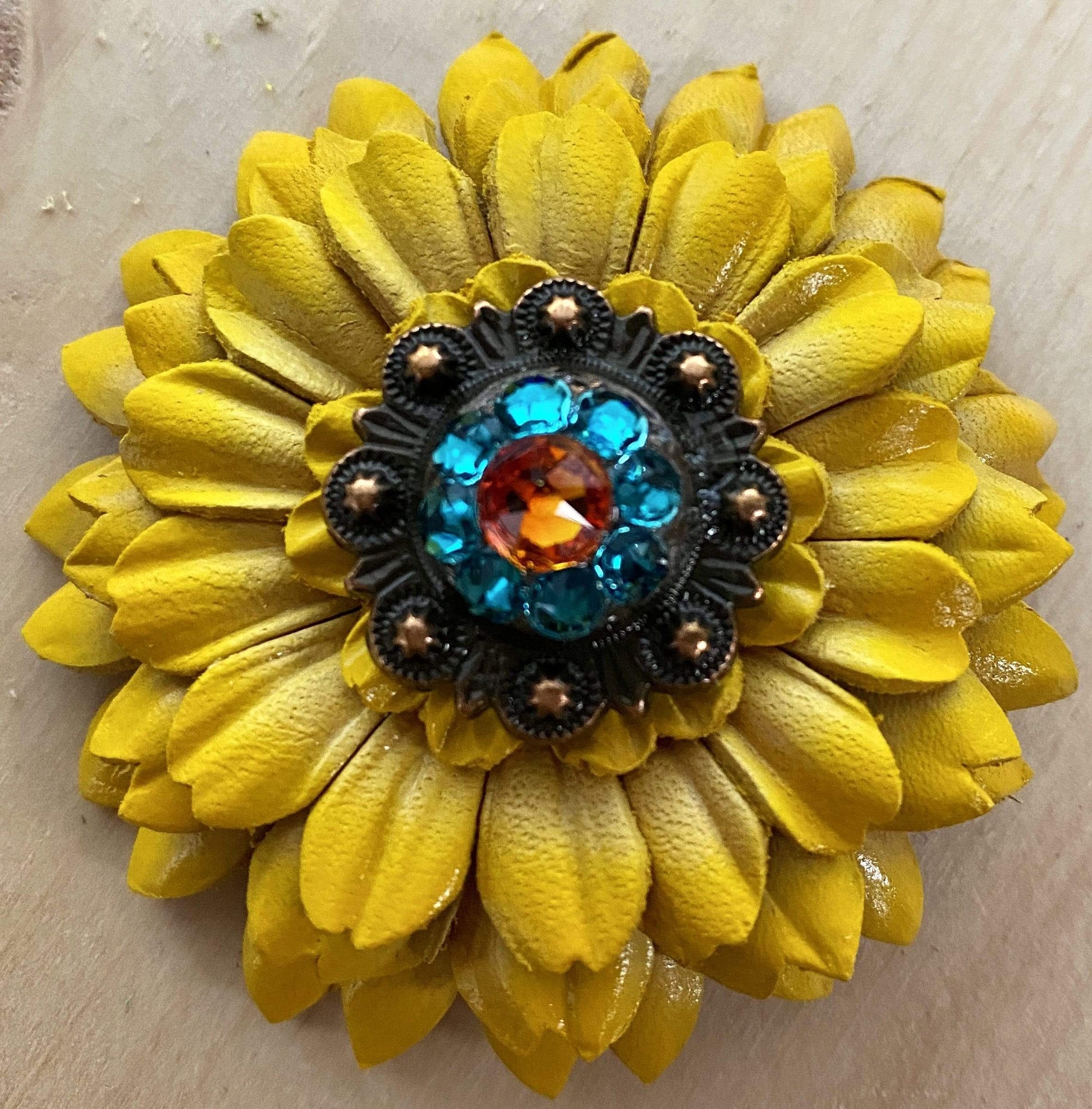 Flowers Fringe & More Sunflower With Copper Fire Opal & Teal 1" Concho FL5YECOFOTL