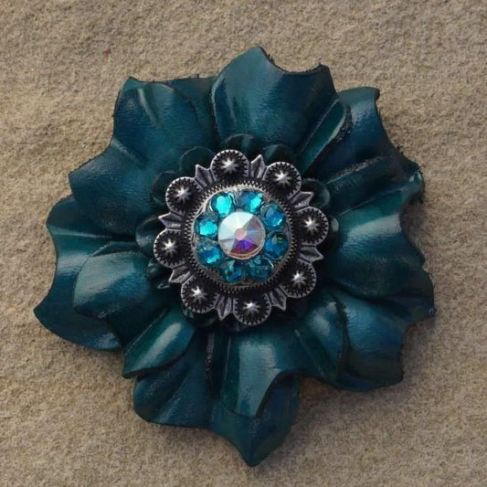 Flowers Fringe & More Teal Carnation Flower With Antique Silver Teal & AB 1" Concho FL3TLASTLAB