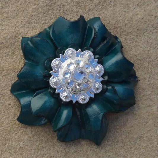 Flowers Fringe & More Teal Carnation Flower With Bright Silver Clear 1" Concho FL3TLBSCL