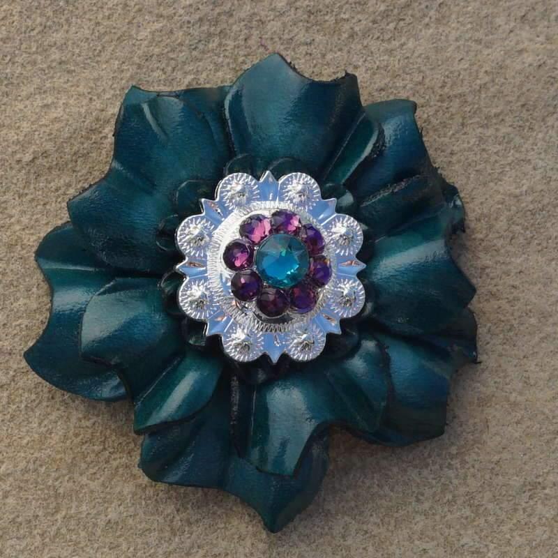 Flowers Fringe & More Teal Carnation Flower With Bright Silver Teal & Purple 1" Concho FL3TLBSTLPU
