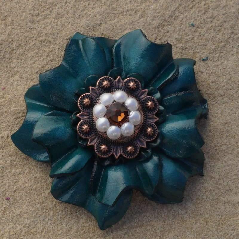 Flowers Fringe & More Teal Carnation Flower With Copper Topaz & Pearl  1" Concho FL3TLTOPR