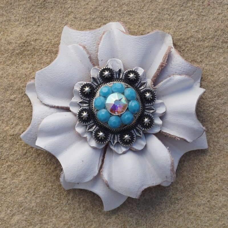 Flowers Fringe & More White Carnation Flower With Antique Silver Turquoise & AB 1" Concho FL3WTCOTQAB