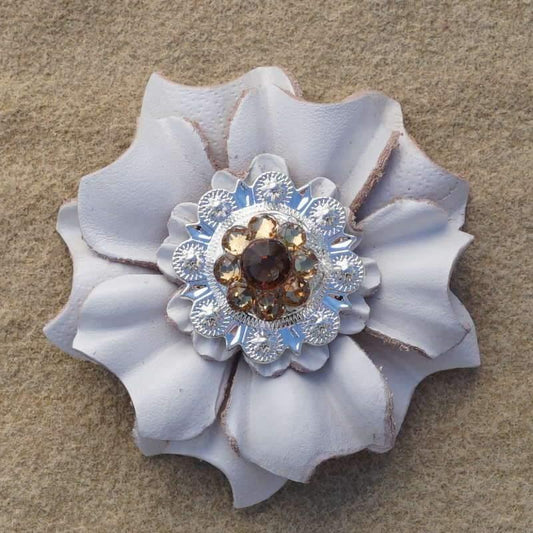 Flowers Fringe & More White Carnation Flower With Bright Silver Topaz & Champagne 1" Concho FL3WTBSTOCH