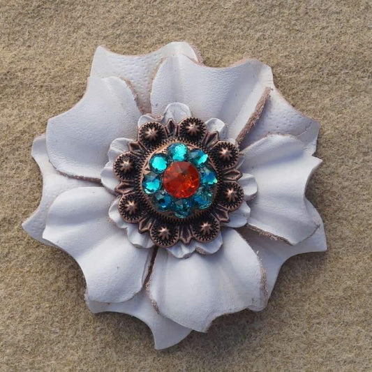 Flowers Fringe & More White Carnation Flower With Copper Fire Opal & Teal 1" Concho FL3WTCOFOTL