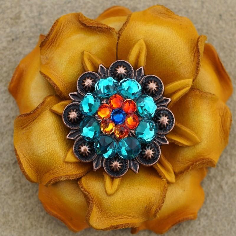 Flowers Fringe & More Yellow Gardenia Flower With Copper Capri, Fire Opal & Teal 1.25" Concho FL2YECOCAFOTL